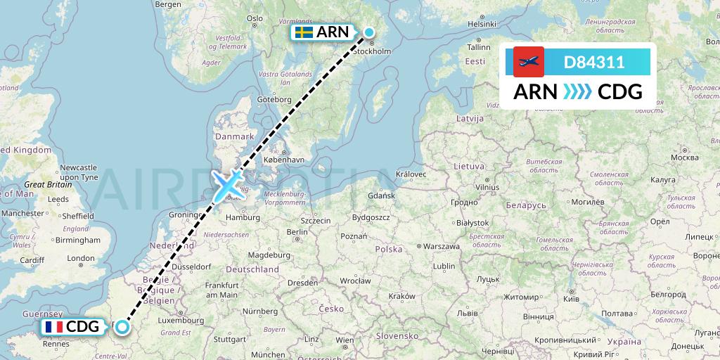D84311 Norwegian Air International Flight Map: Stockholm to Paris