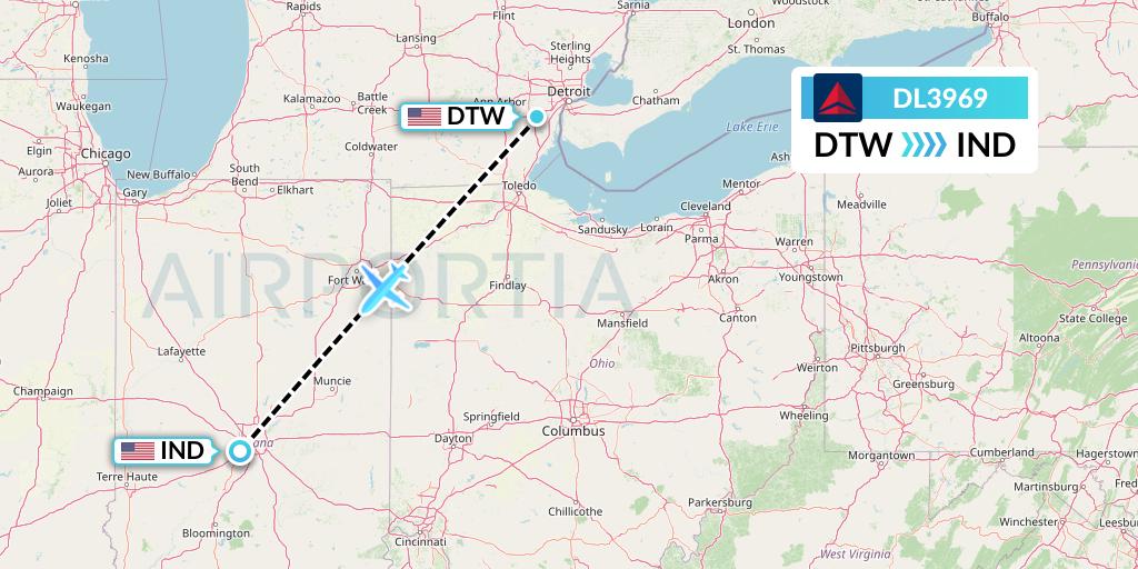 DL3969 Delta Air Lines Flight Map: Detroit to Indianapolis