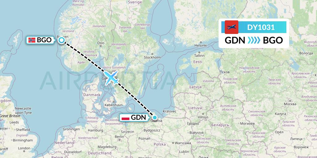 DY1031 Norwegian Flight Map: Gdansk to Bergen