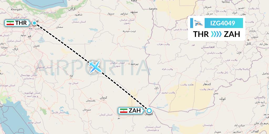 IZG4049 Zagros Airlines Flight Map: Tehran to Zahedan