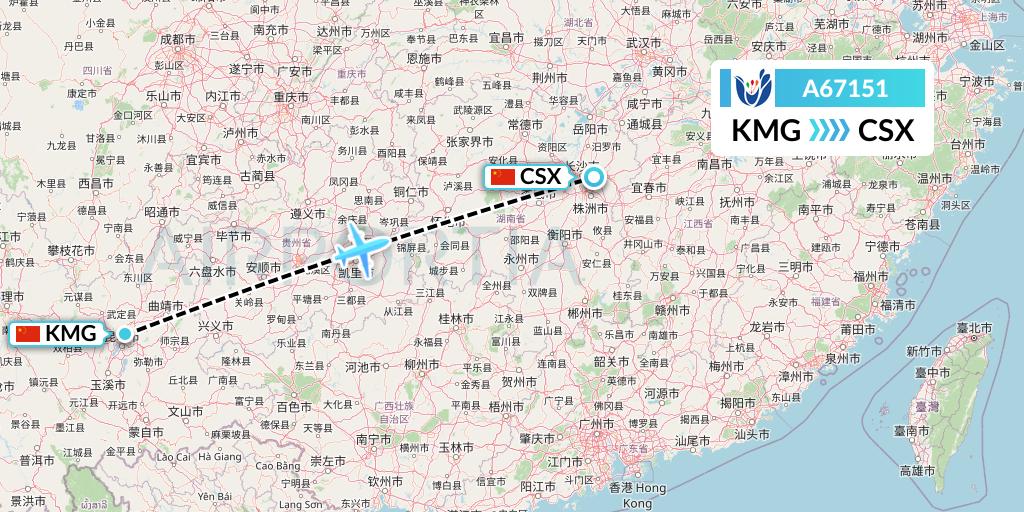 A67151 Hongtu Airlines Flight Map: Kunming to Changsha