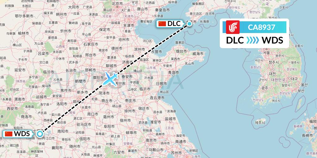 CA8937 Air China Flight Map: Dalian to Shiyan