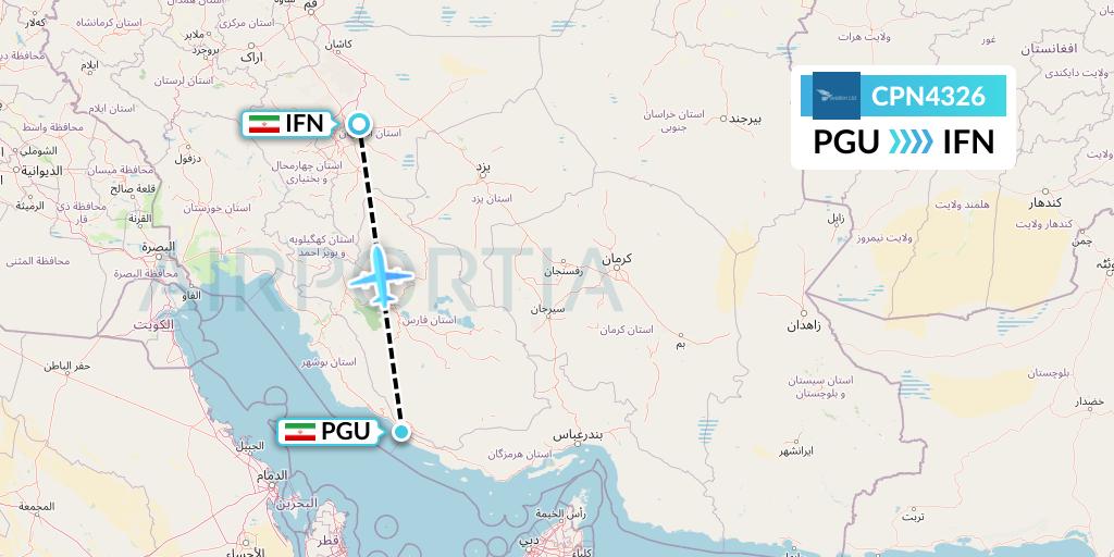 CPN4326 Caspian Airlines Flight Map: Assaluyeh to Isfahan