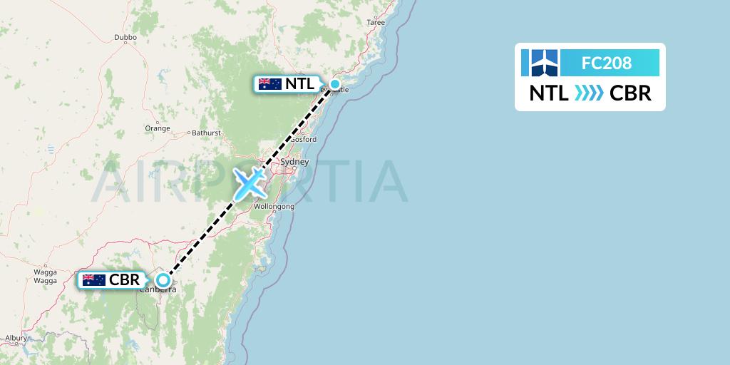 FC208 Fly Corporate Flight Map: Newcastle to Canberra