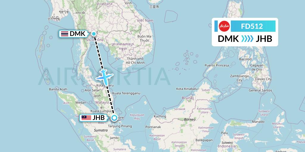 FD512 Thai AirAsia Flight Map: Bangkok to Johor Bahru