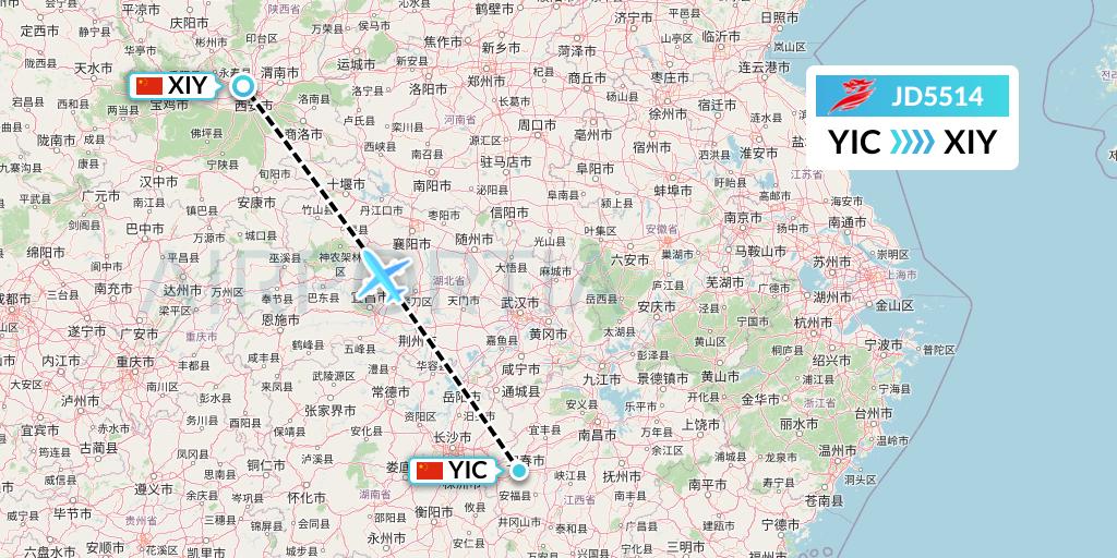 JD5514 Capital Airlines Flight Map: Yichun to Xi'an