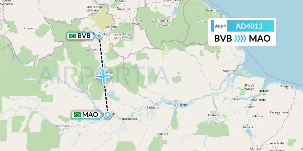 AD4013 Azul Brazilian Airlines Flight Map: Boa Vista to Manaus