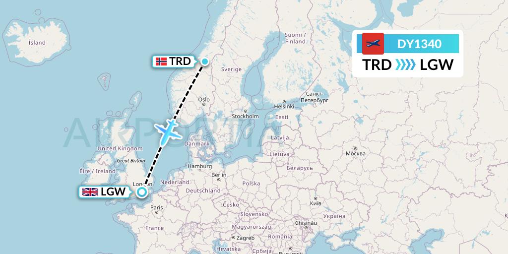 DY1340 Norwegian Flight Map: Trondheim to London