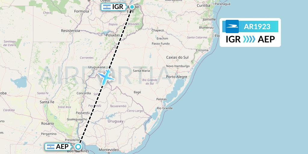 AR1923 Aerolineas Argentinas Flight Map: Puerto Iguazu to Buenos Aires