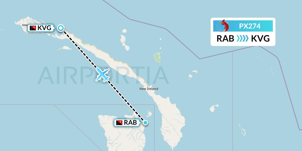 PX274 Air Niugini Flight Map: Tokua to Kavieng
