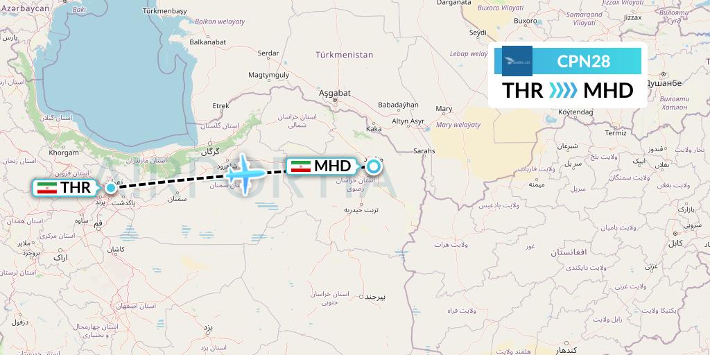 CPN28 Caspian Airlines Flight Map: Tehran to Mashhad