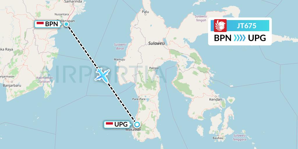 JT675 Lion Airlines Flight Map: Balikpapan to Makassar