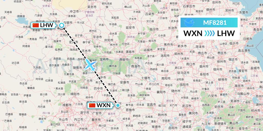 MF8281 Xiamen Airlines Flight Map: Wanzhou to Lanzhou