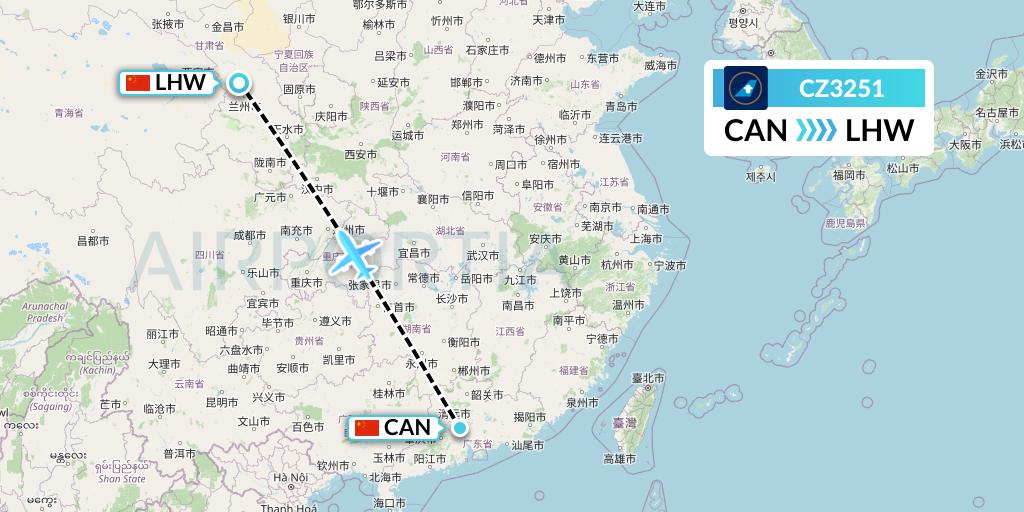 CZ3251 China Southern Airlines Flight Map: Guangzhou to Lanzhou
