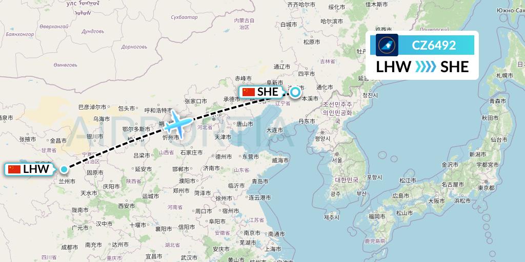 CZ6492 China Southern Airlines Flight Map: Lanzhou to Shenyang