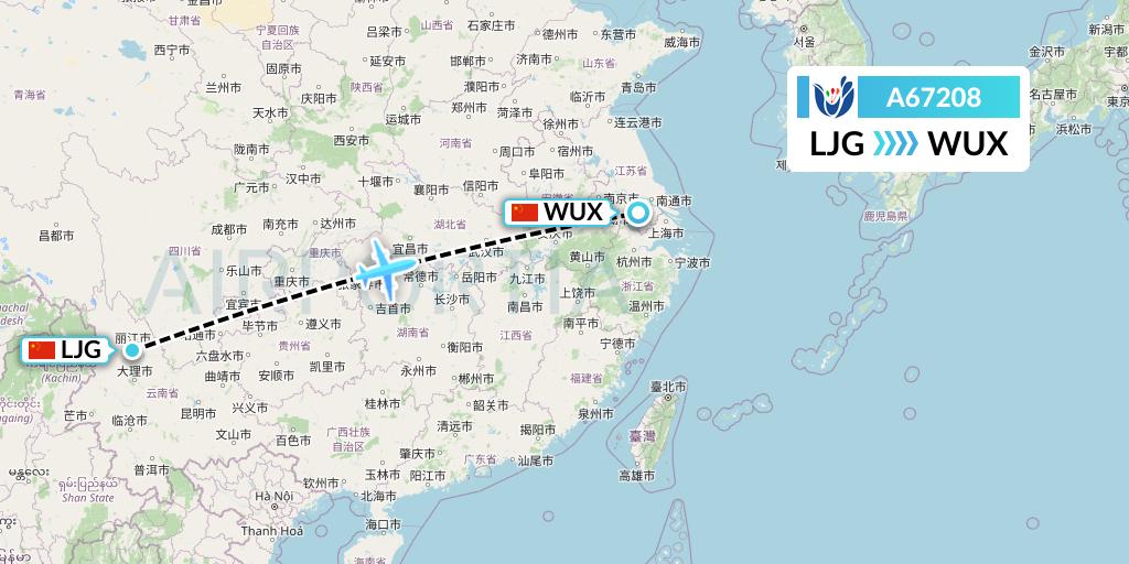 A67208 Hongtu Airlines Flight Map: Lijiang to Wuxi