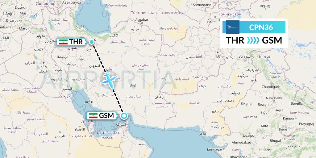 CPN36 Caspian Airlines Flight Map: Tehran to Qeshm Island