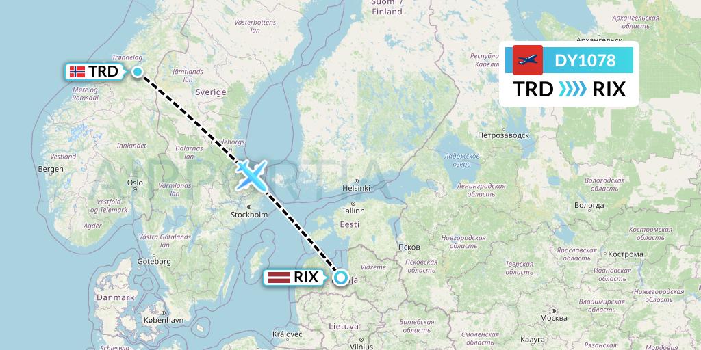 DY1078 Norwegian Flight Map: Trondheim to Riga
