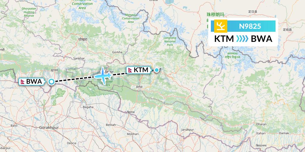 N9825 Shree Airlines Flight Map: Kathmandu to Bhairawa