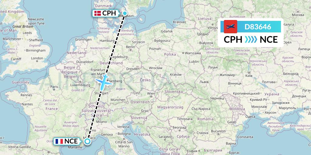 D83646 Norwegian Air International Flight Map: Copenhagen to Nice