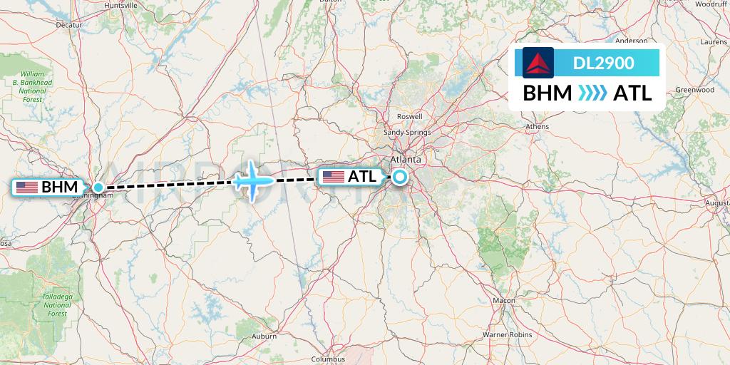 DL2900 Delta Air Lines Flight Map: Birmingham to Atlanta