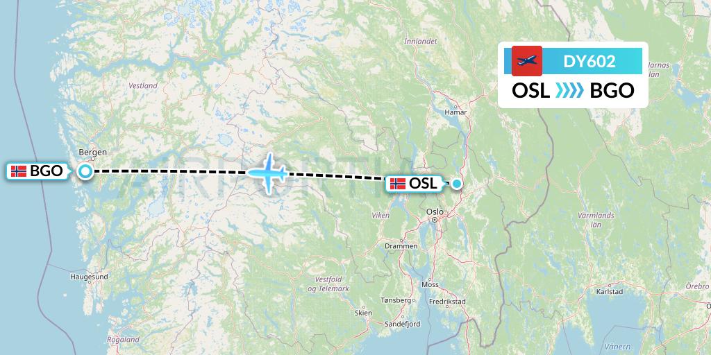 DY602 Norwegian Flight Map: Oslo to Bergen