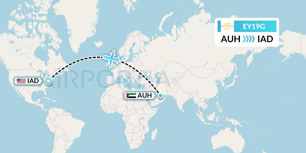 EY19G Etihad Airways Flight Map: Abu Dhabi to Washington