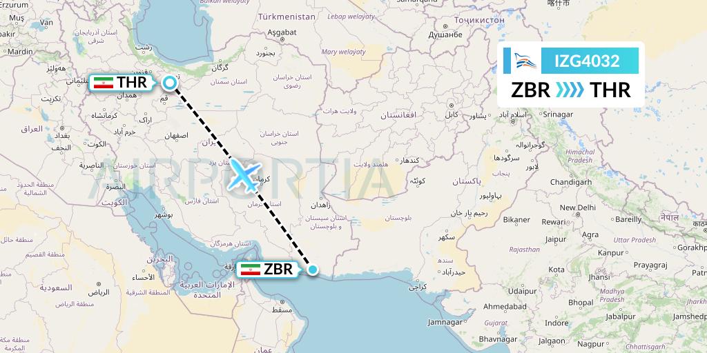IZG4032 Zagros Airlines Flight Map: Chabahar to Tehran