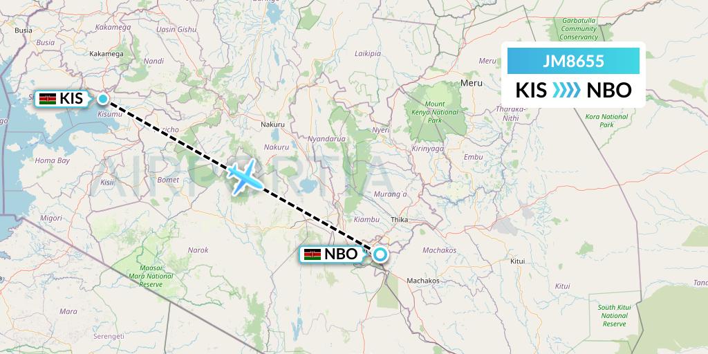 JM8655 Jambojet Limited Flight Map: Kisumu to Nairobi
