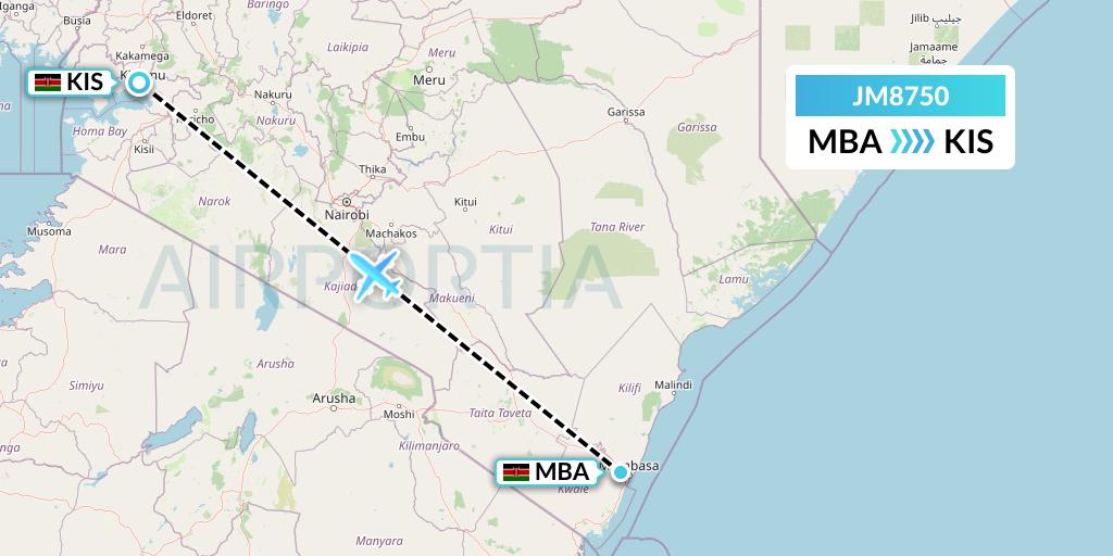 JM8750 Jambojet Limited Flight Map: Mombasa to Kisumu