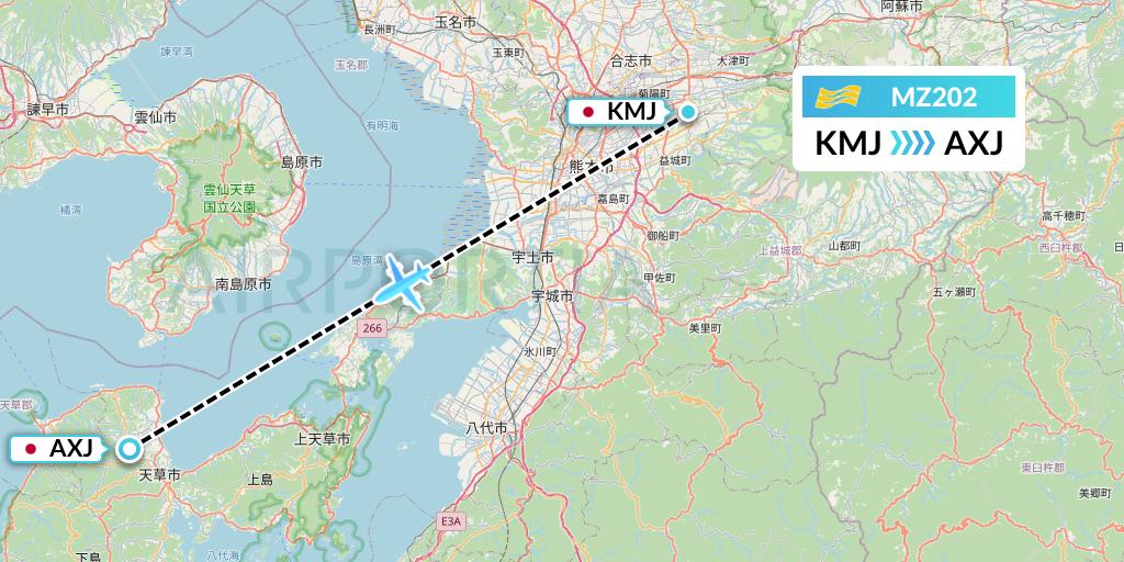 MZ202 Amakusa Airlines Flight Map: Kumamoto to Amakusa