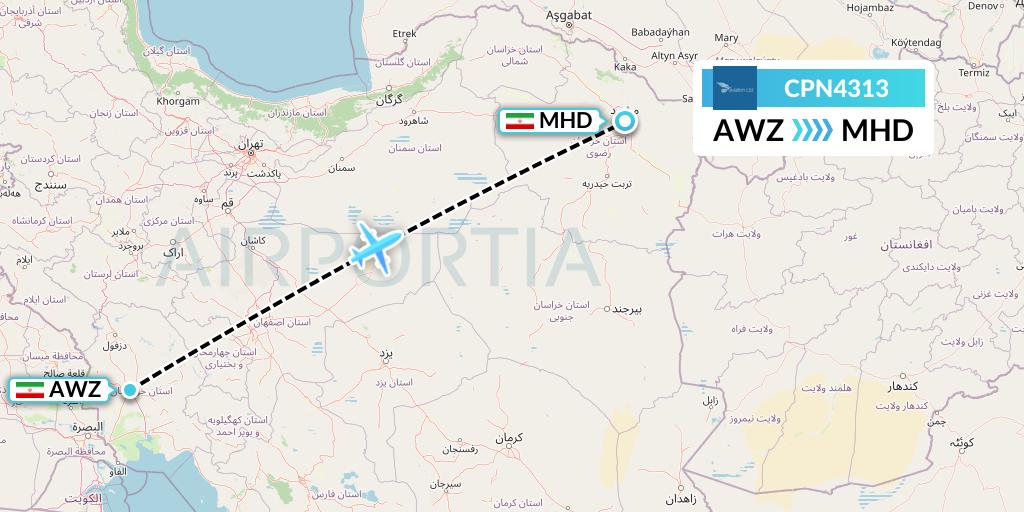 CPN4313 Caspian Airlines Flight Map: Ahvaz to Mashhad