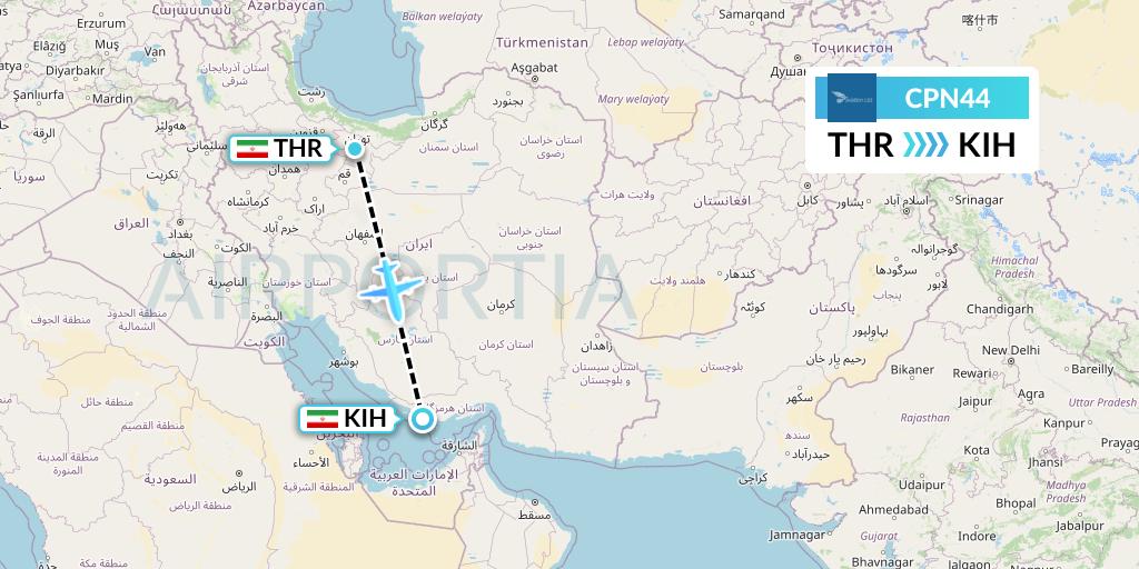 CPN44 Caspian Airlines Flight Map: Tehran to Kish Island