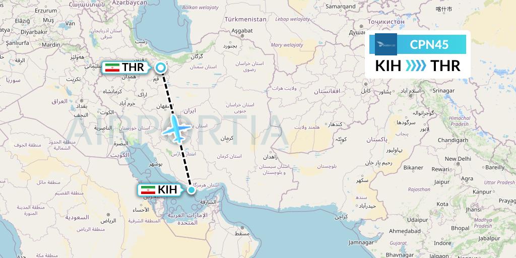 CPN45 Caspian Airlines Flight Map: Kish Island to Tehran