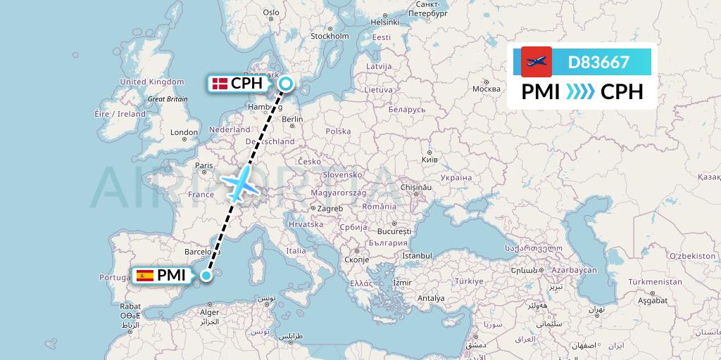 D83667 Norwegian Air International Flight Map: Palma de Mallorca to Copenhagen