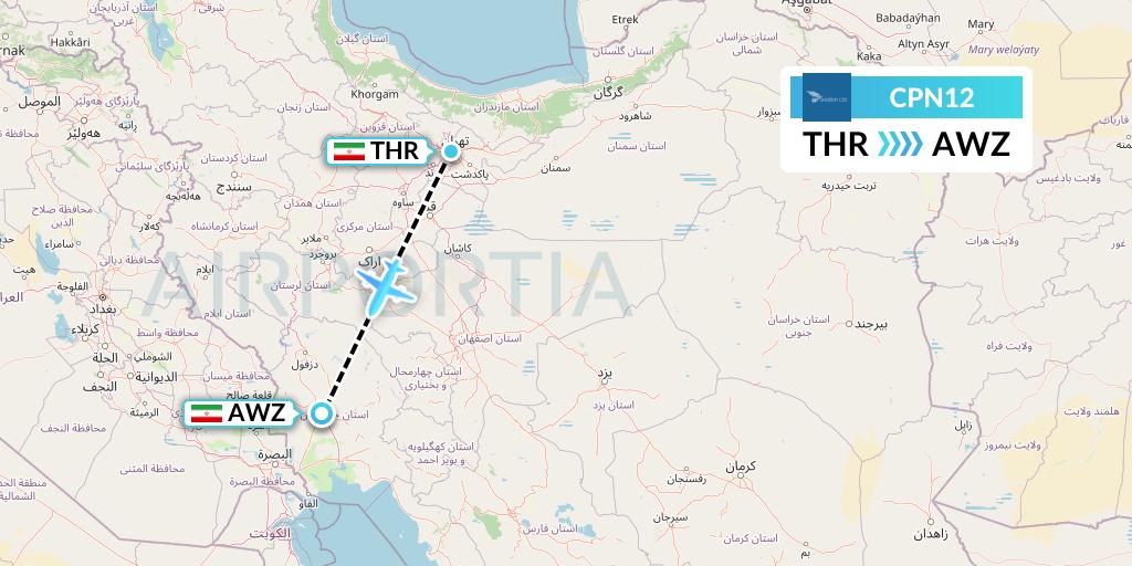 CPN12 Caspian Airlines Flight Map: Tehran to Ahvaz