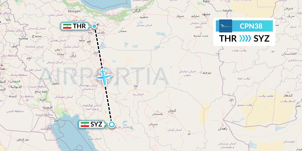 CPN38 Caspian Airlines Flight Map: Tehran to Shiraz