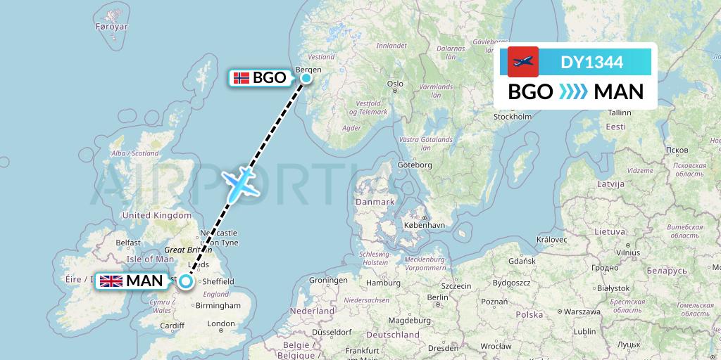 DY1344 Norwegian Flight Map: Bergen to Manchester