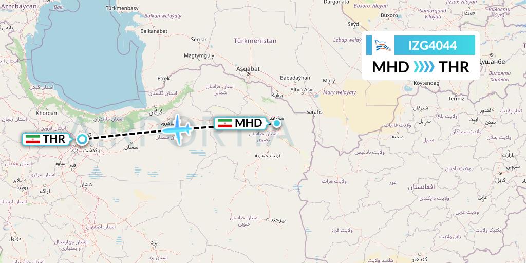 IZG4044 Zagros Airlines Flight Map: Mashhad to Tehran