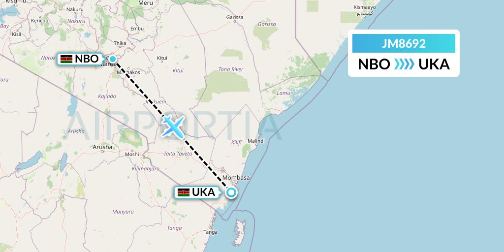 JM8692 Jambojet Limited Flight Map: Nairobi to Ukunda