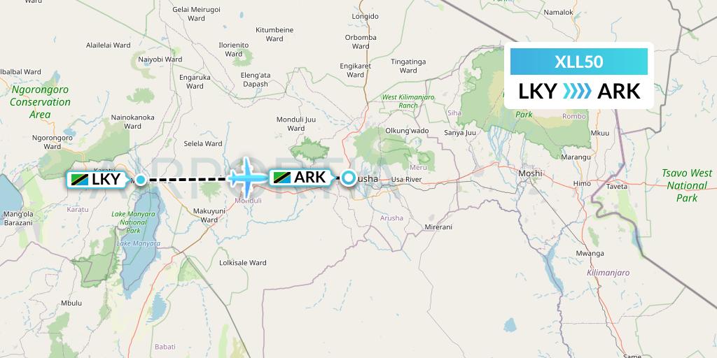 XLL50 Air Excel Flight Map: Lake Manyara National Park to Arusha