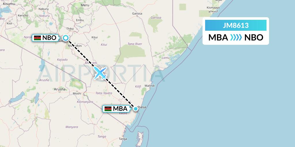 JM8613 Jambojet Limited Flight Map: Mombasa to Nairobi