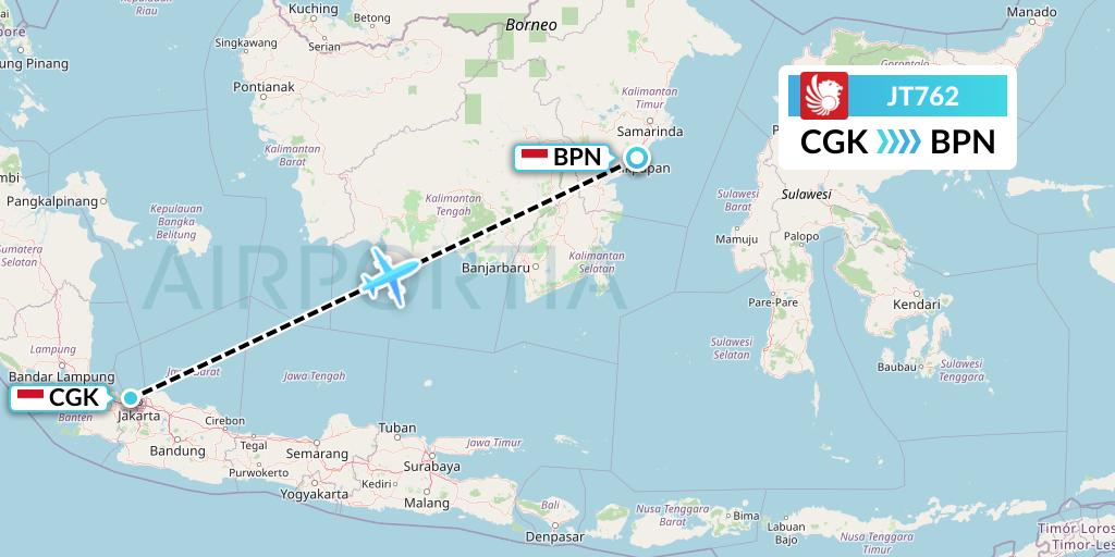 JT762 Lion Airlines Flight Map: Jakarta to Balikpapan