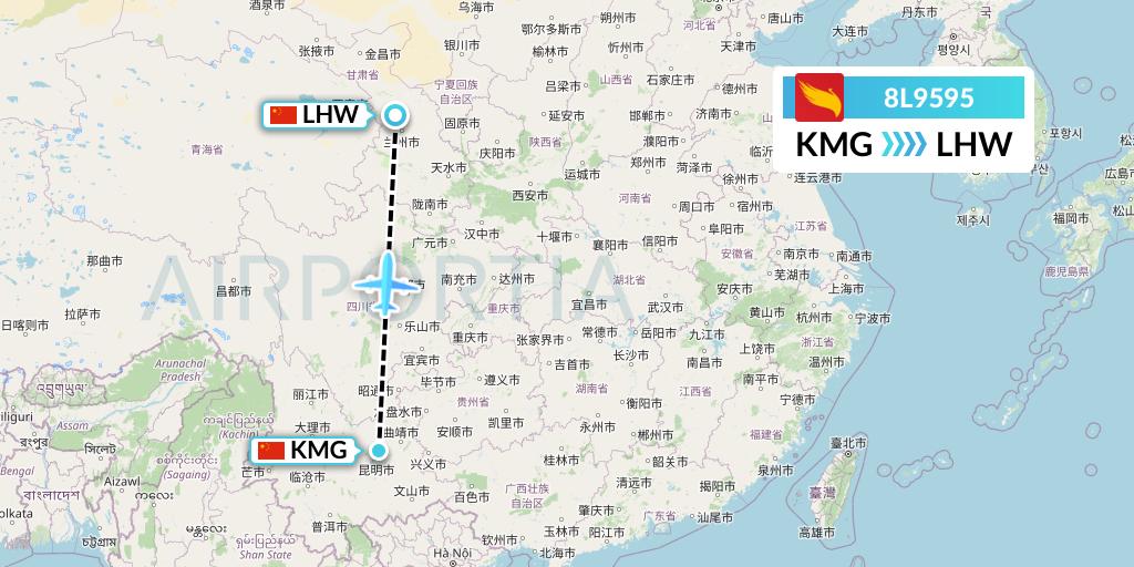 8L9595 Lucky Air Flight Map: Kunming to Lanzhou