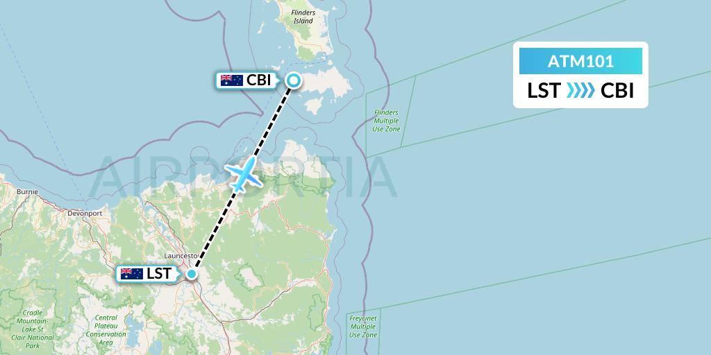 ATM101 Airlines of Tasmania Flight Map: Launceston to Australia