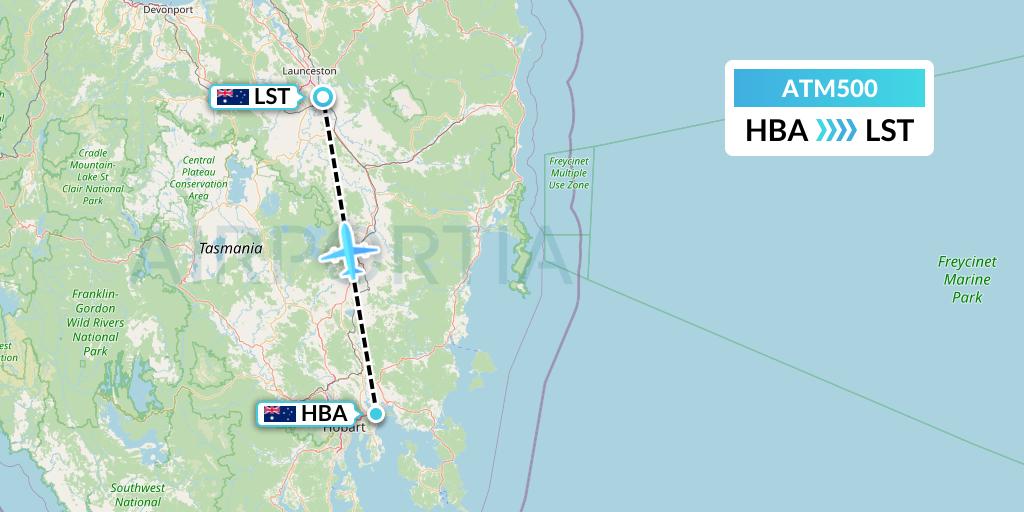 ATM500 Airlines of Tasmania Flight Map: Hobart to Launceston