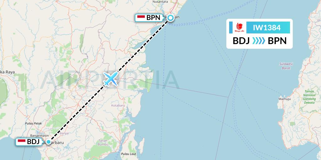 IW1384 Wings Air Flight Map: Banjarmasin to Balikpapan