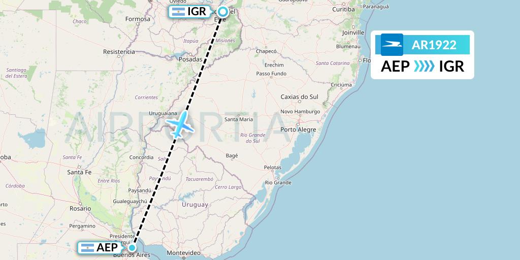 AR1922 Aerolineas Argentinas Flight Map: Buenos Aires to Puerto Iguazu