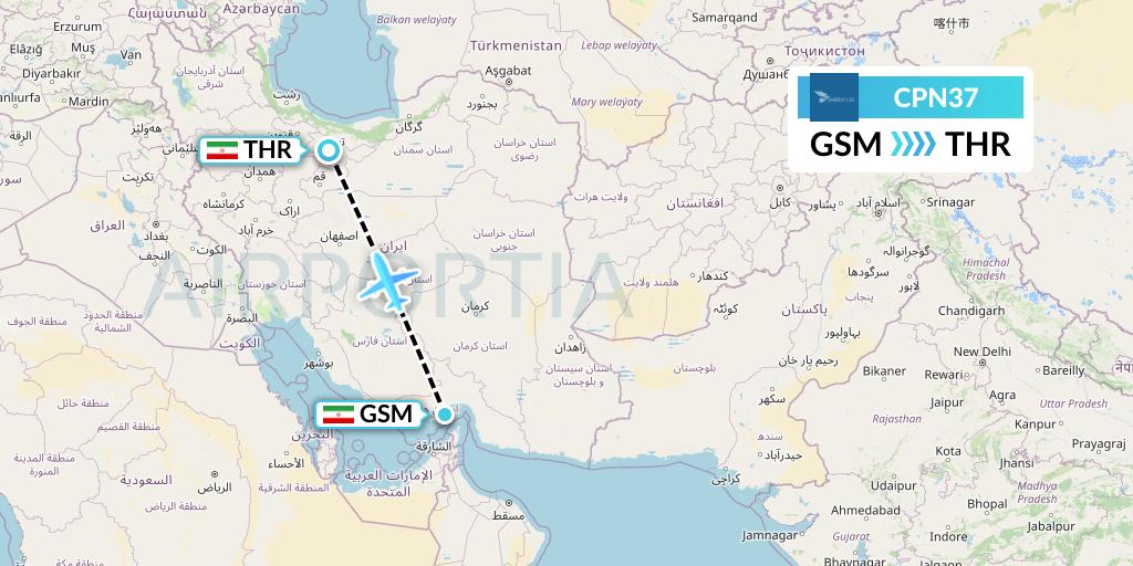 CPN37 Caspian Airlines Flight Map: Qeshm Island to Tehran