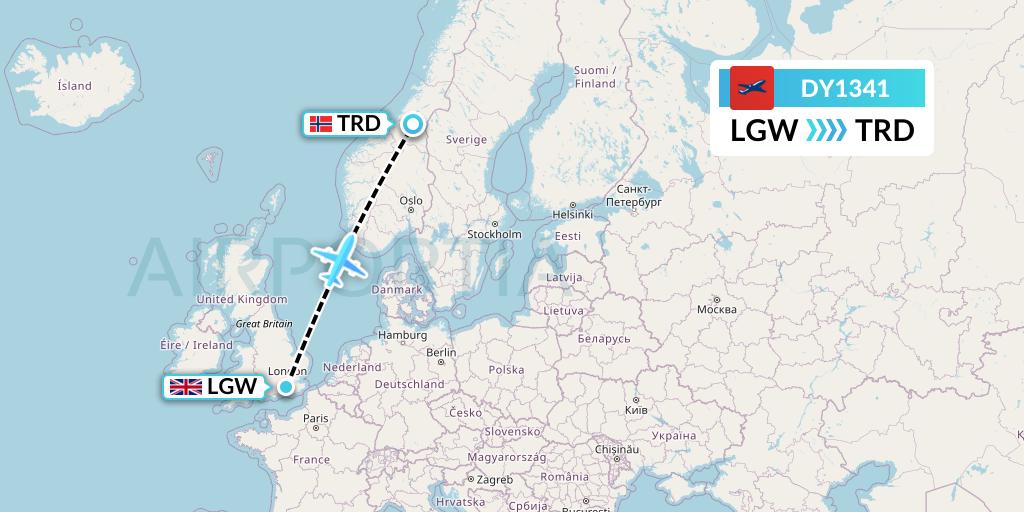 DY1341 Norwegian Flight Map: London to Trondheim